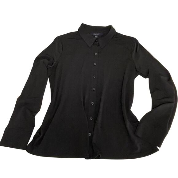 Rachel Zoe Women’s L Black Stretch Button-Down Blouse | Classic Minimalist Shirt - Picture 2 of 12